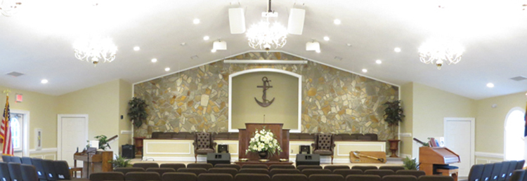 A wide view of the auditorium seating