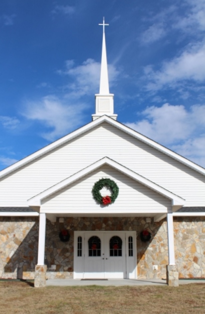 The front entrance and steeple of the church